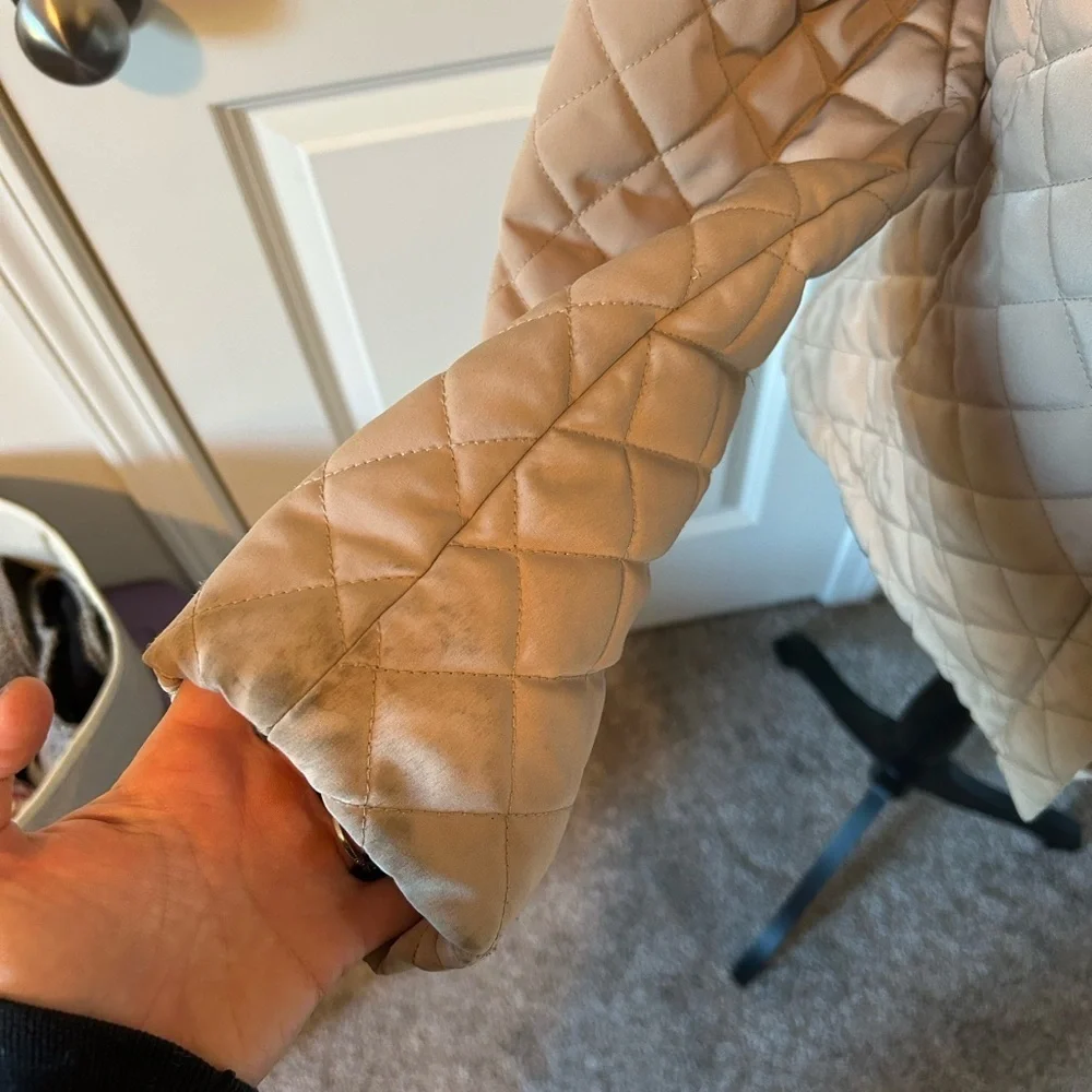 Beige Calvin Klein hooded zip up, puffer jacket with fur lining